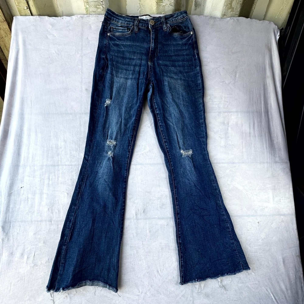 YMI Jeans Women's 26x29 Blue Denim High Rise Flared Leg Distressed Frayed Hem